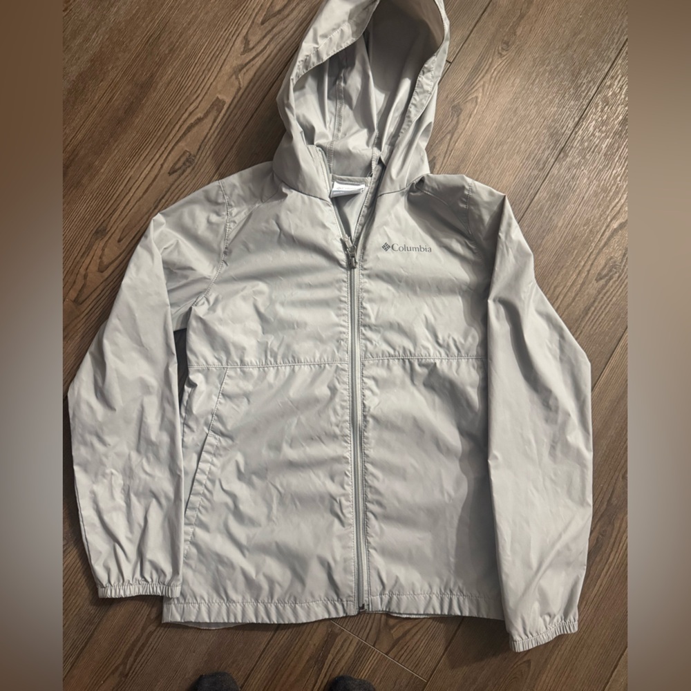 Columbia Light Gray Hooded Windbreaker Jacket M Lightweight Waterproof